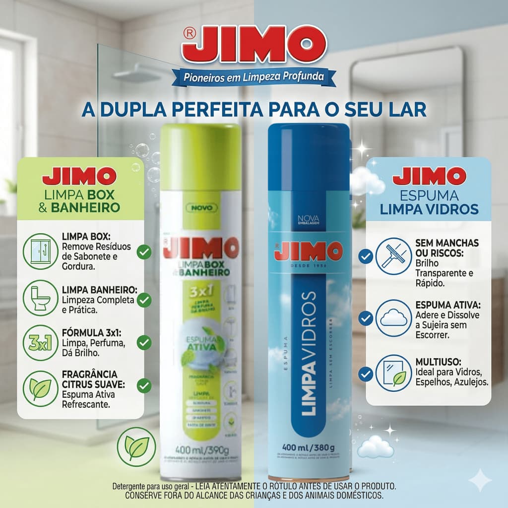 Kit Limpa Vidros + Limpa Box e Banheiro Jimo 400ml - Espuma Ativa 3x1 - Remove Manchas Sem Esforço