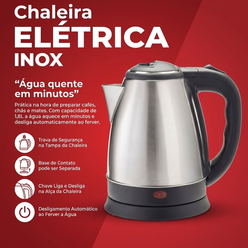Chaleira Eletrica Inox 1.8L Potencia 1000W 1500W Desligamento Automatico Base 360 Ferve Rapido