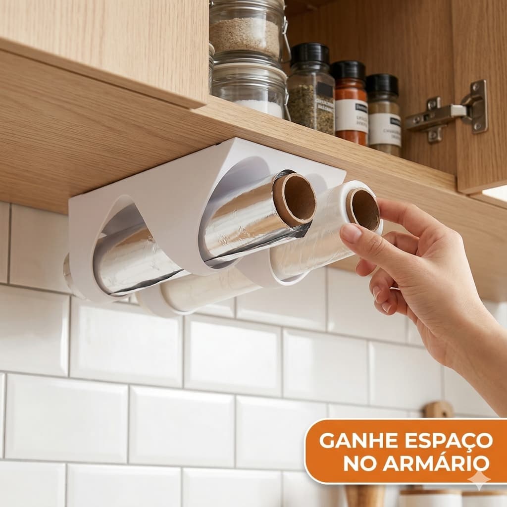 Porta Papel Alumínio e Filme PVC Duplo Sem Furar | Organizador de Armário com Fita 3M | Suporte Cozinha 4,5cm