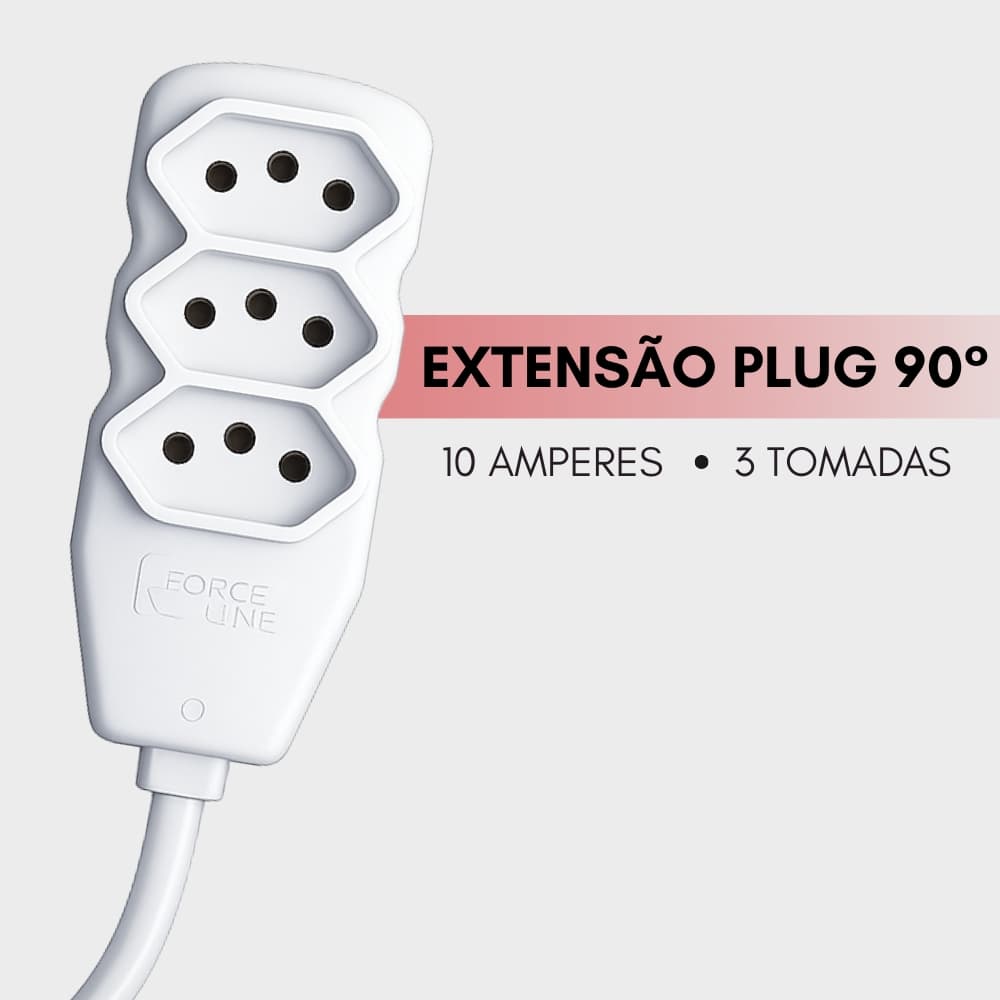 Extensão Plug 90 graus 3 Tomadas Tripolar Branco 10A Bivolt 3 Metros