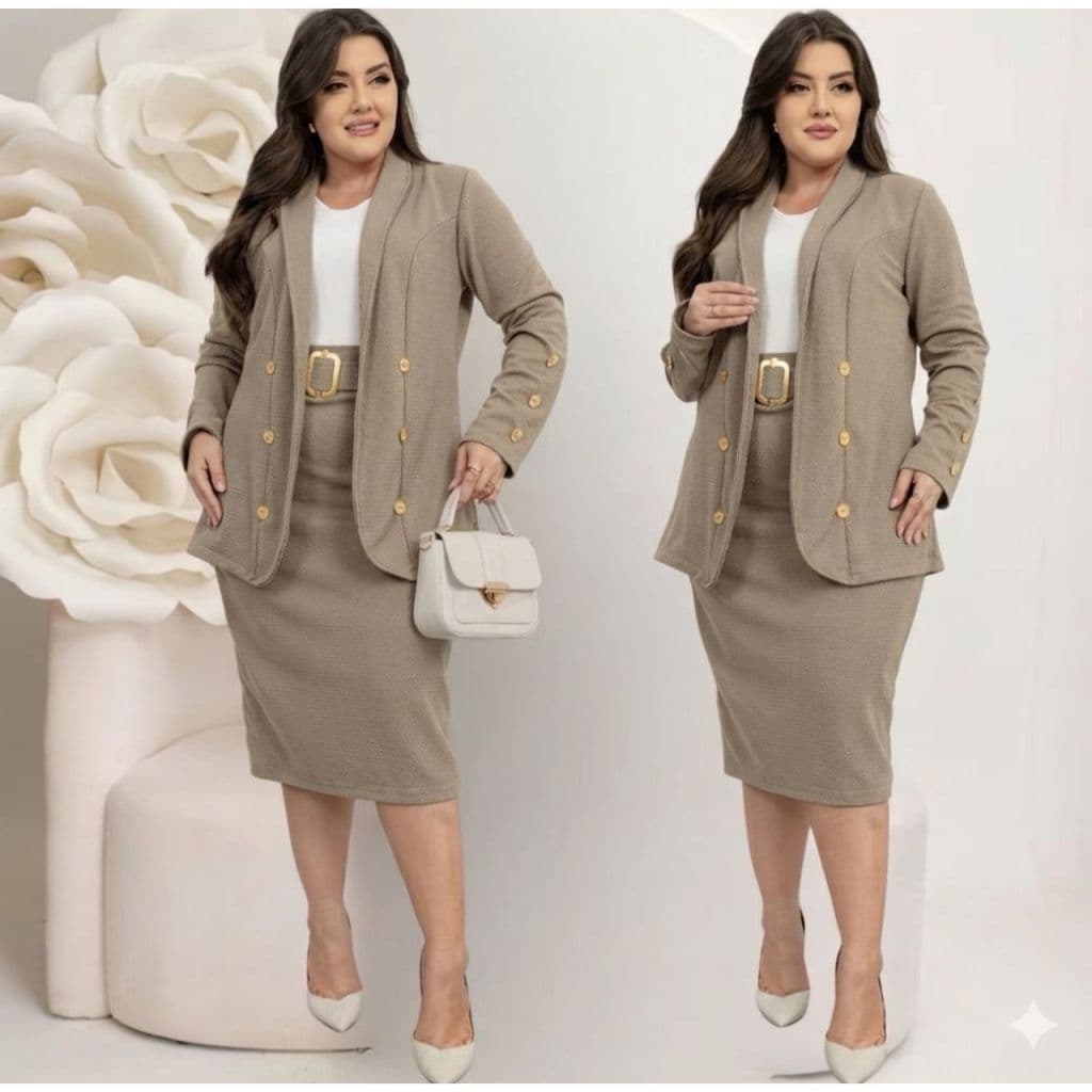Conjunto Blazer Feminino Social Plus Size Saia Midi Com Cinto Moda Evangelica Congresso