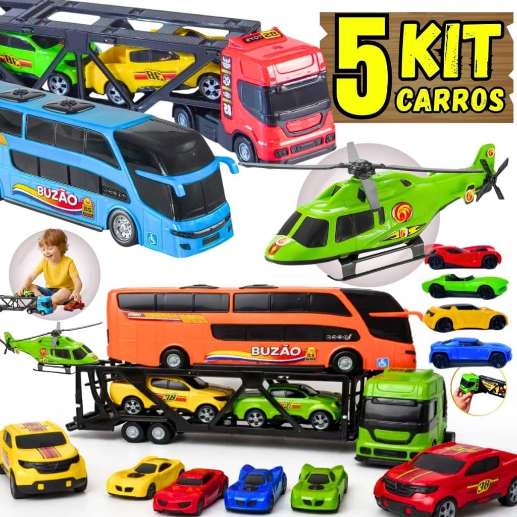 Caminhão Brinquedo Infantil Cegonha + Ônibus + Helicóptero