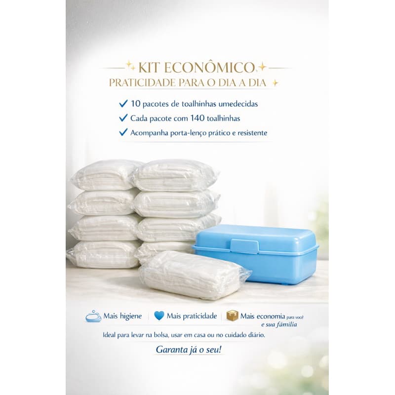 KIT TOALHAS UMDECIDAS(10 PACOTES DE 140 UNIDADES)+PORTA LENÇO DE BRINDE