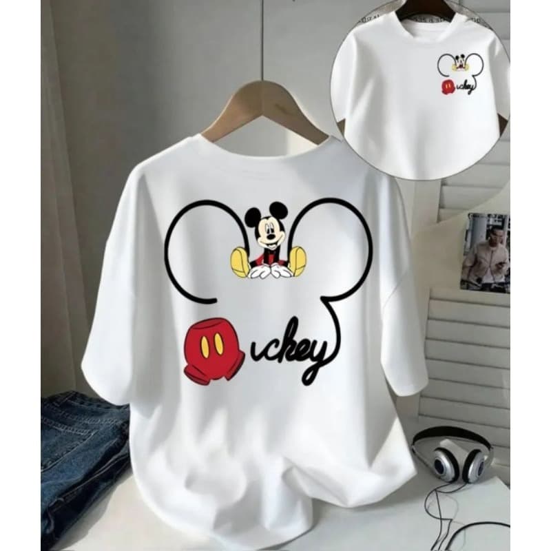 Camiseta Blusa Feminina de Manga Curta com Estampa do Mickey Mouse com Design de Orelhas Icônicas Casual Confortável