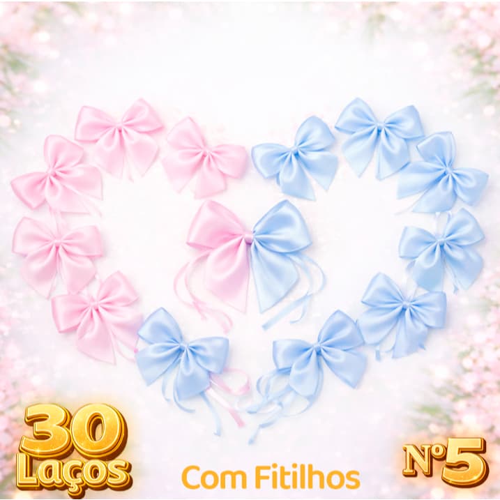 Kit Laços Chá Revelação em Cetim com Fitilho – Nº5 (5cm) – Azul e Rosa –30 | 60 | 100 Unidades