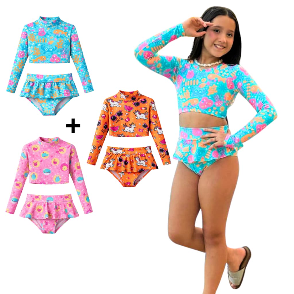 Kit 3 Biquínis  ou Unidade Manga Longa Praia Kids Feminino Tecido Suplex Lindo e Resistente (envio imediato)