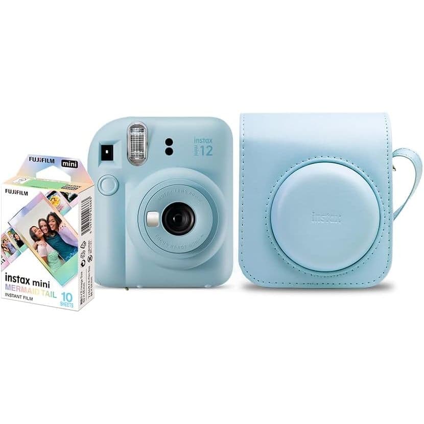 Kit Câmera Instax Mini 12 Azul + 10 Fotos Mermaid Tail + Bolsa Azul Completo Fujifilm Close-up