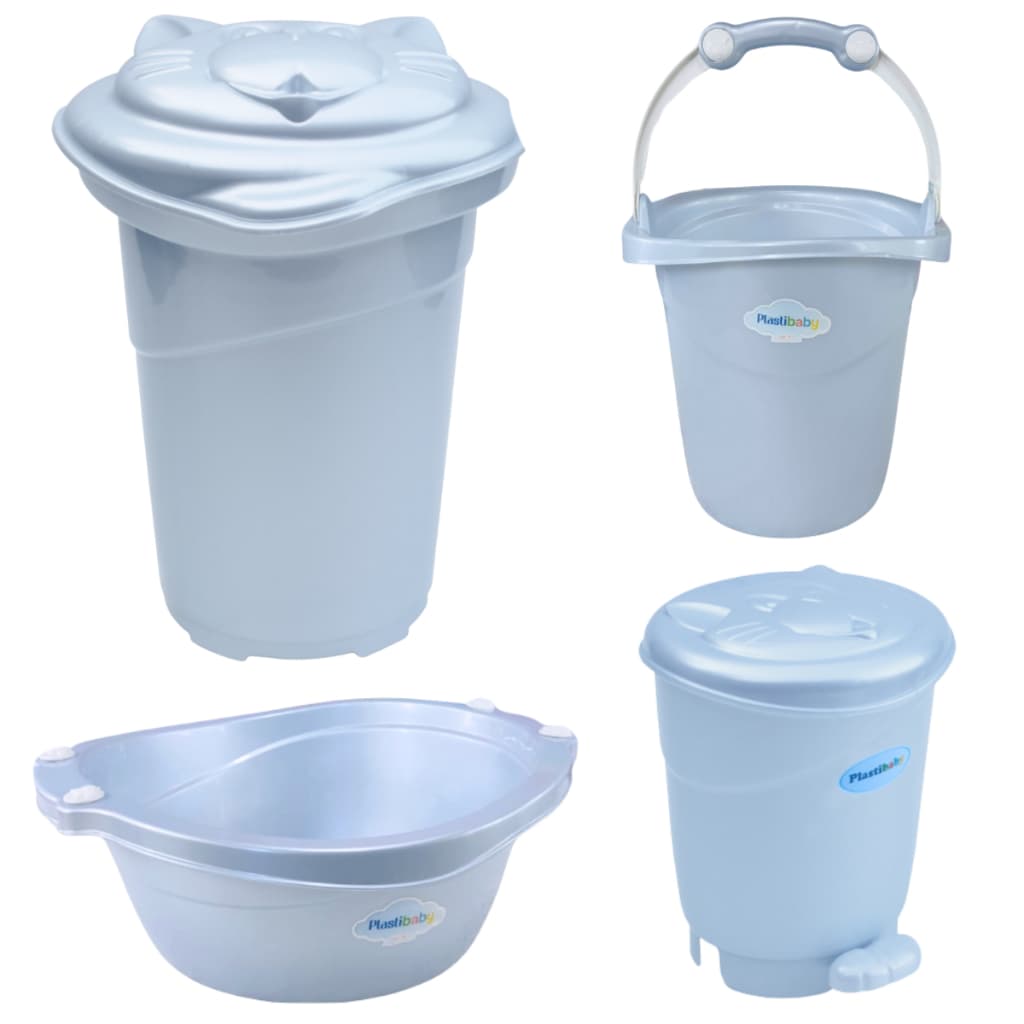 Kit 4 Peças Com Cesto de Roupas ou Banheira de Bebê Plastibaby Com Bacia, Balde e Lixeira Infantil