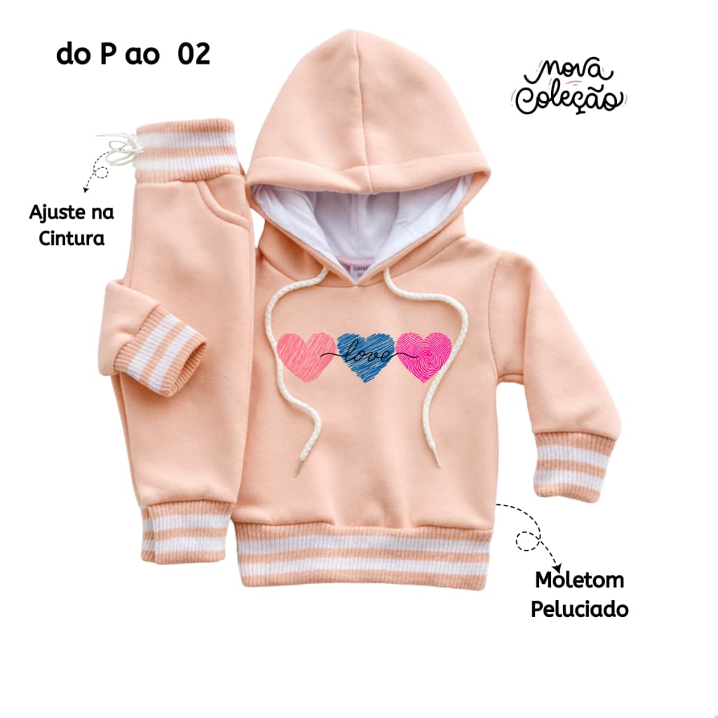 Conjunto de Moletom Grosso College Infantil Menina Bebê Peluciado Capuz Rosa Abrigo Canguru Inverno