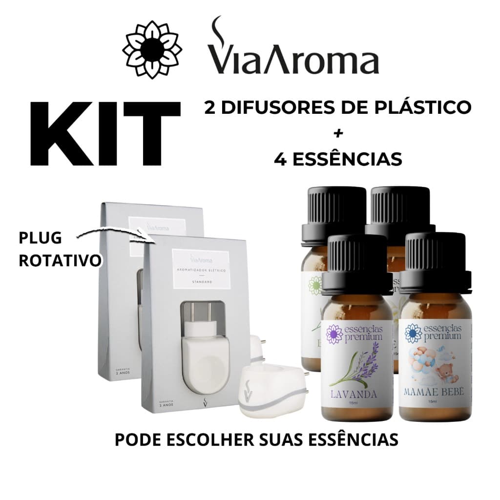 2 Difusores Aromatizador Elétrico Standard Bivolt Via Aroma + 4 Essência Aroma Premium 15 ml
