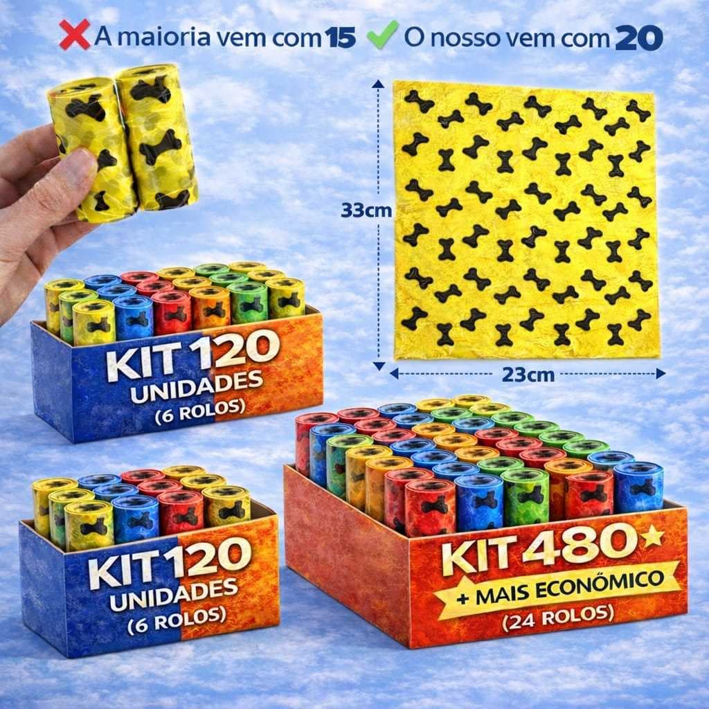 Kit 120/240/480 Unidades de Saquinhos Cata Coco Refil Rolinho Para Cachorro Gato Pet ideal para passeio e viagem