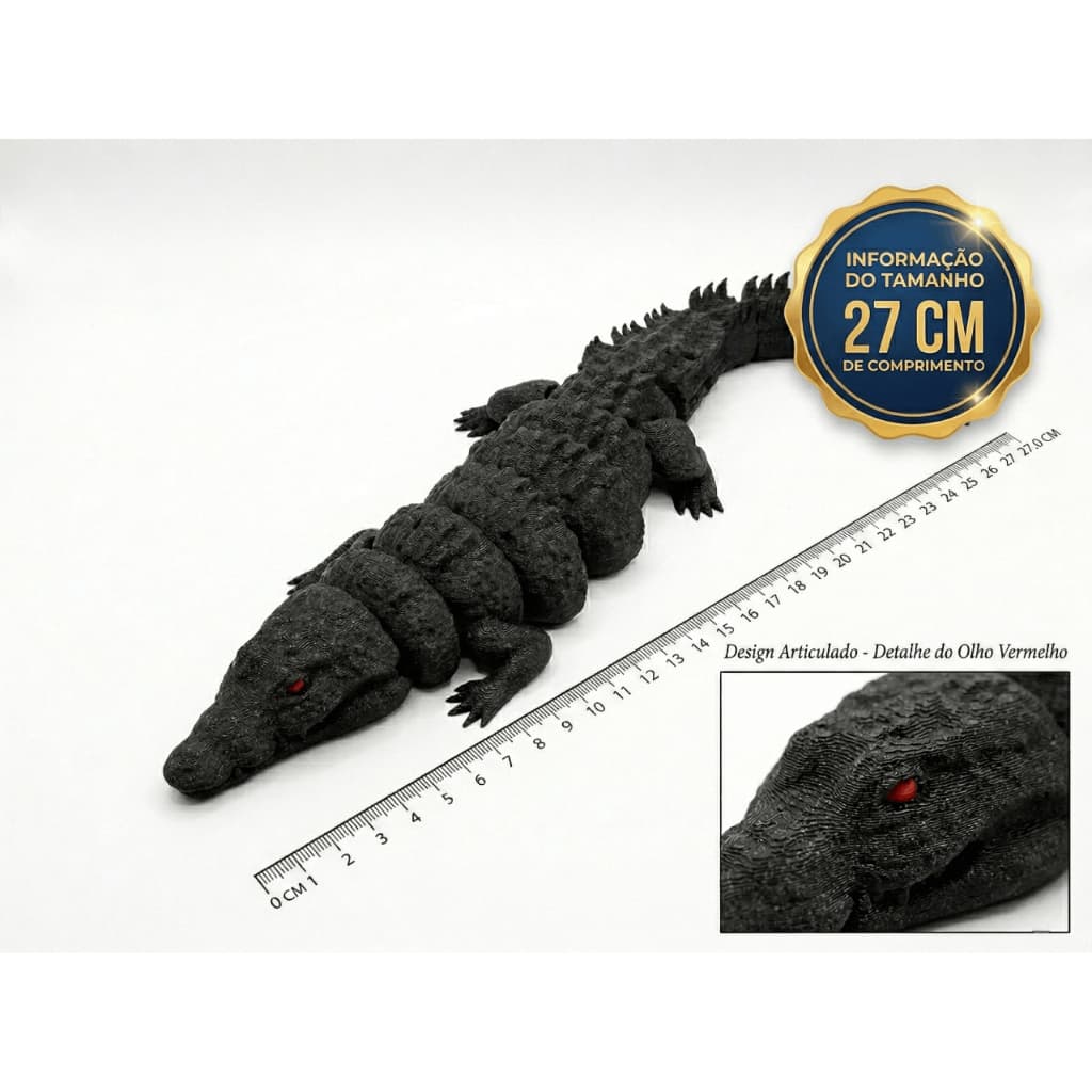 Jacaré Crocodilo Articulado Realista 27cm - Impressão 3D Premium - Decoração e Brinquedo Colecionável Alligator Negro