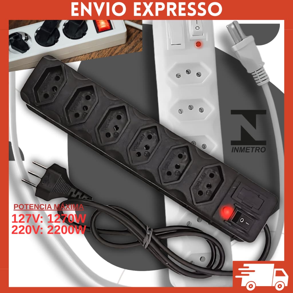 Filtro de Linha Elétrico 3, 4, 5 e 6 Tomadas Tripolar 10A Resistente com Fusível de Proteção