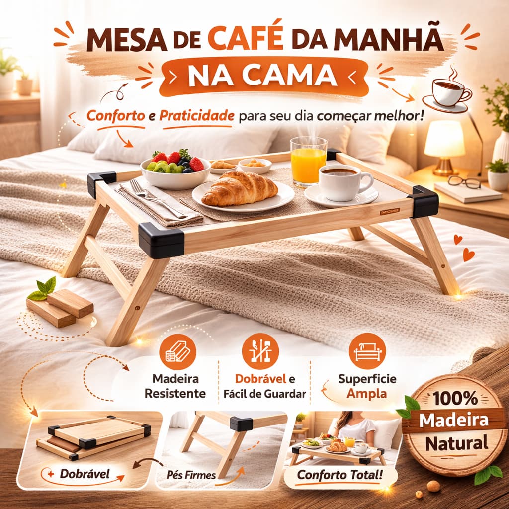 Bandeja Mesa De Cafe Com Pezinhos Para Café Da Manhã na Cama e Sofá 45x26cm