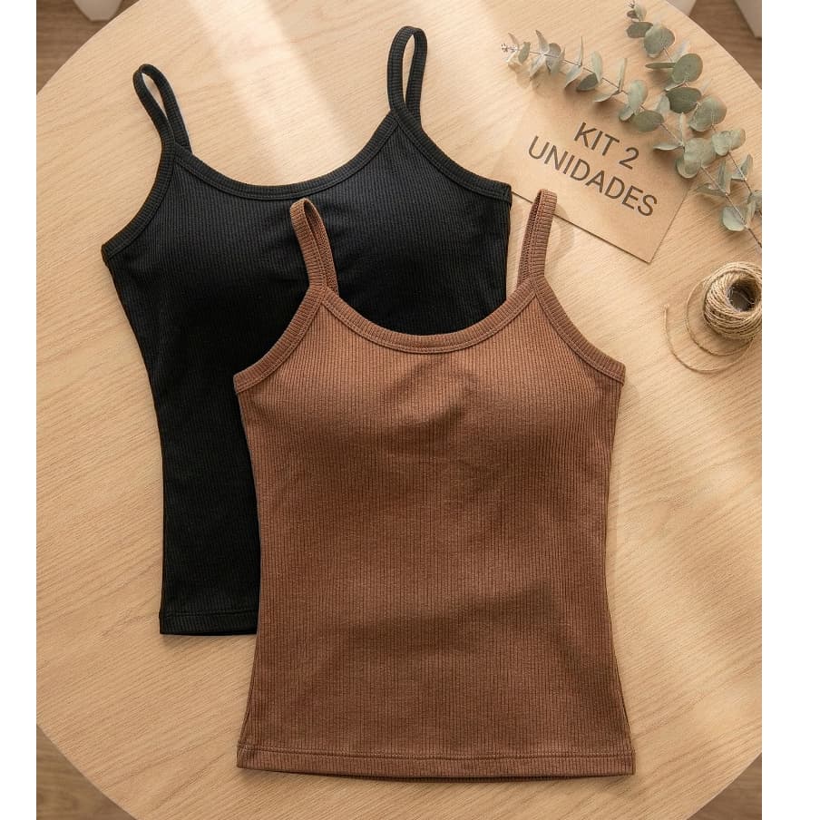 Kit 2 Blusa Regata Feminina Canelada Alcinha Blusinha Bojo Básica Casual Alça Fina Dia A Dia