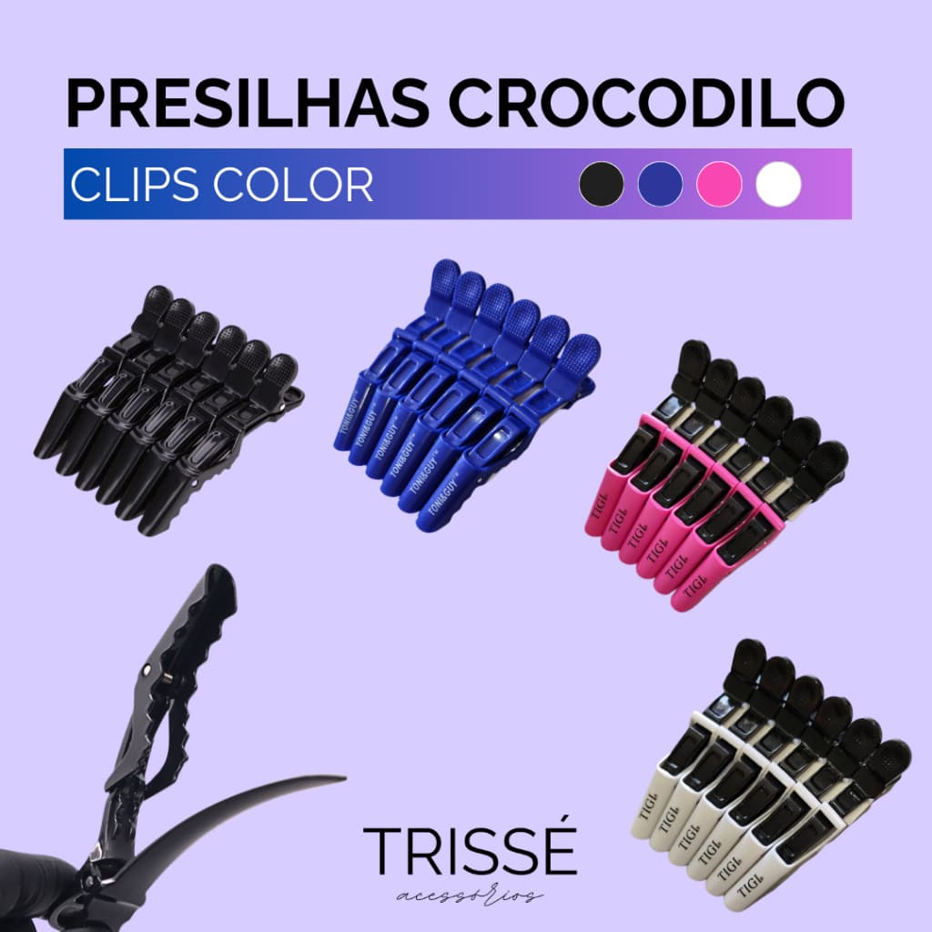 Presilha Clips Jacaré Crocodilo Trissé Acessórios Color Para Separação de Mechas Cabelo Profissional