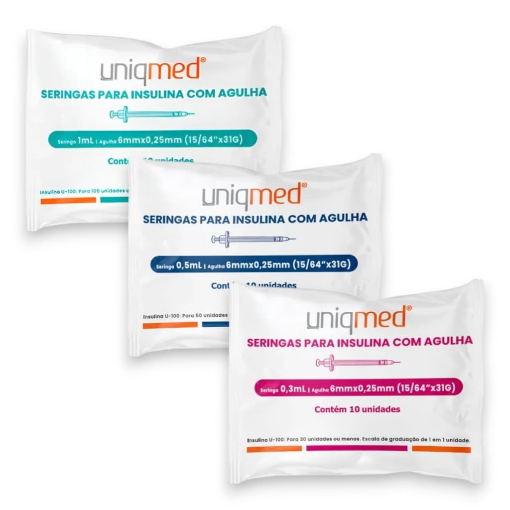 Seringa Insulina Agulha Fixa 6x0,25mm - Kit c/ 10un Uniqmed