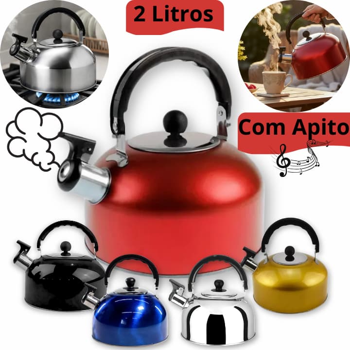 Chaleira Inox com Apito 2L Alça Fogão Gás Elétrico Café Chá Ferve Água Rápido Cozinha Luxo Premium