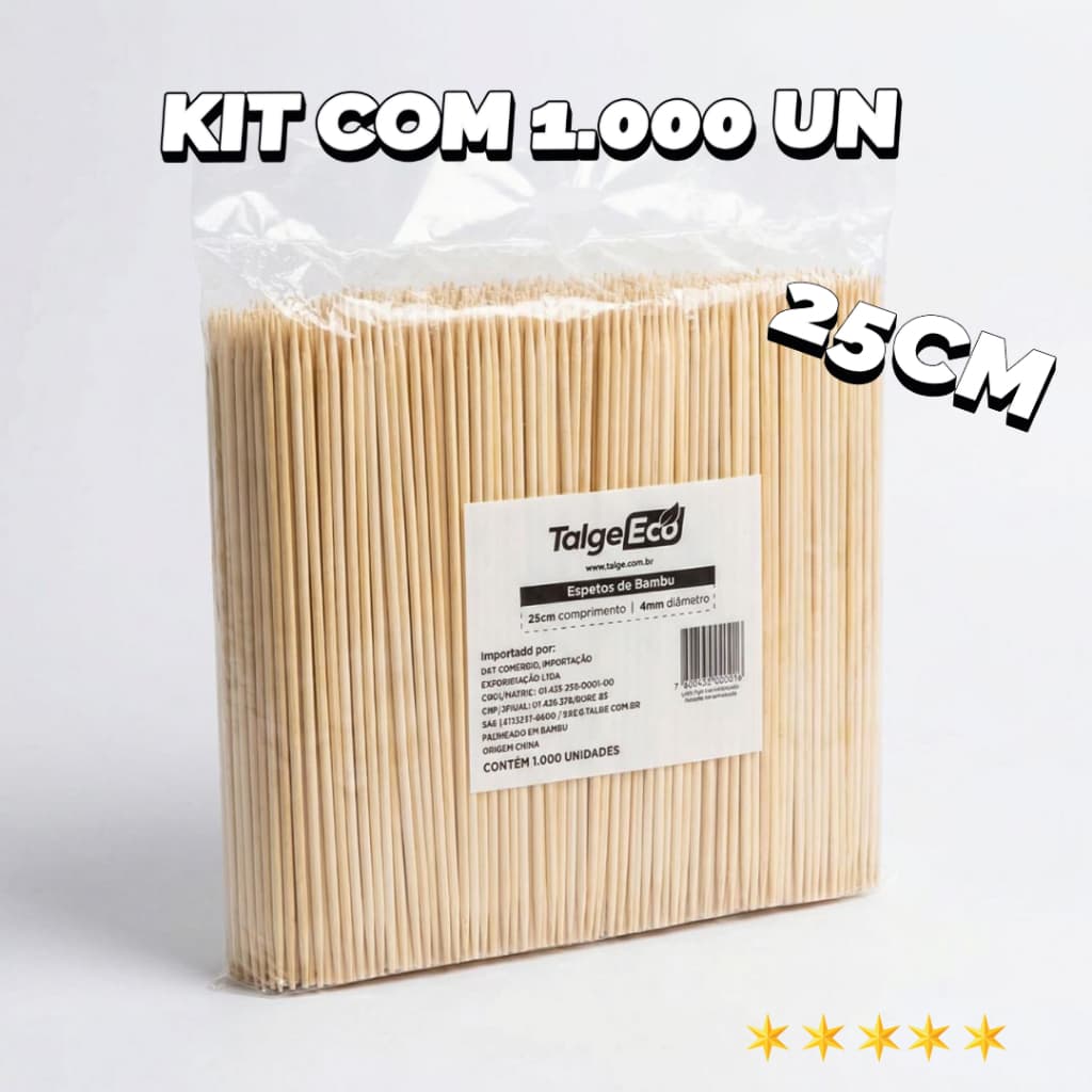 1.000 PALITO DE BAMBU ESPETO CHURRASCO 25cm PREMIUM - Kit 50 a 1.000 Unidades!