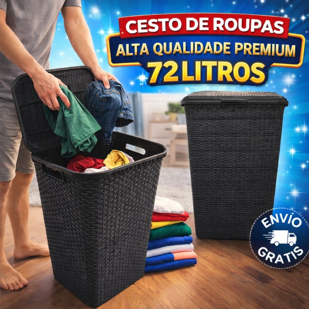 Cesto Roupa Suja 72L Grande com Tampa Organizador Lavanderia Banheiro Quarto Plástico Resistente Multiuso