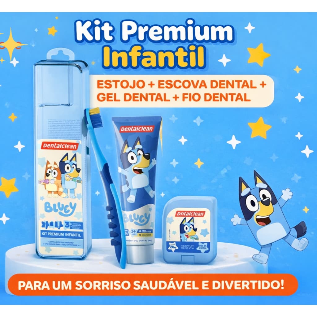 Kit infantil Bluey Higiene Dental 3 em 1 Escova de dente + Gel dental + Fio dental