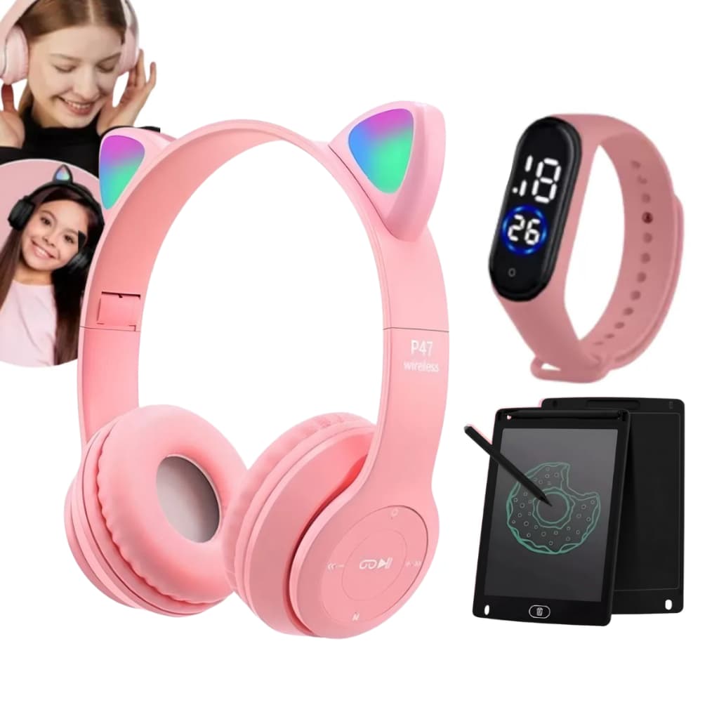 Kit Fone Ouvido Gatinho Bluetooth + relógio Led Infantil a prova d,água + lousa Lousinha Magica Lcd