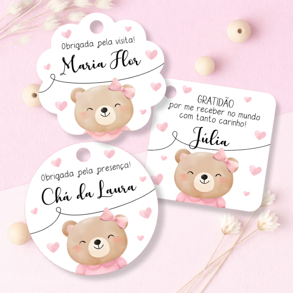 Tag Agradecimento Ursinho Rosa - Lembrancinha Saída Maternidade Menina Chá de Bebê Ursinha