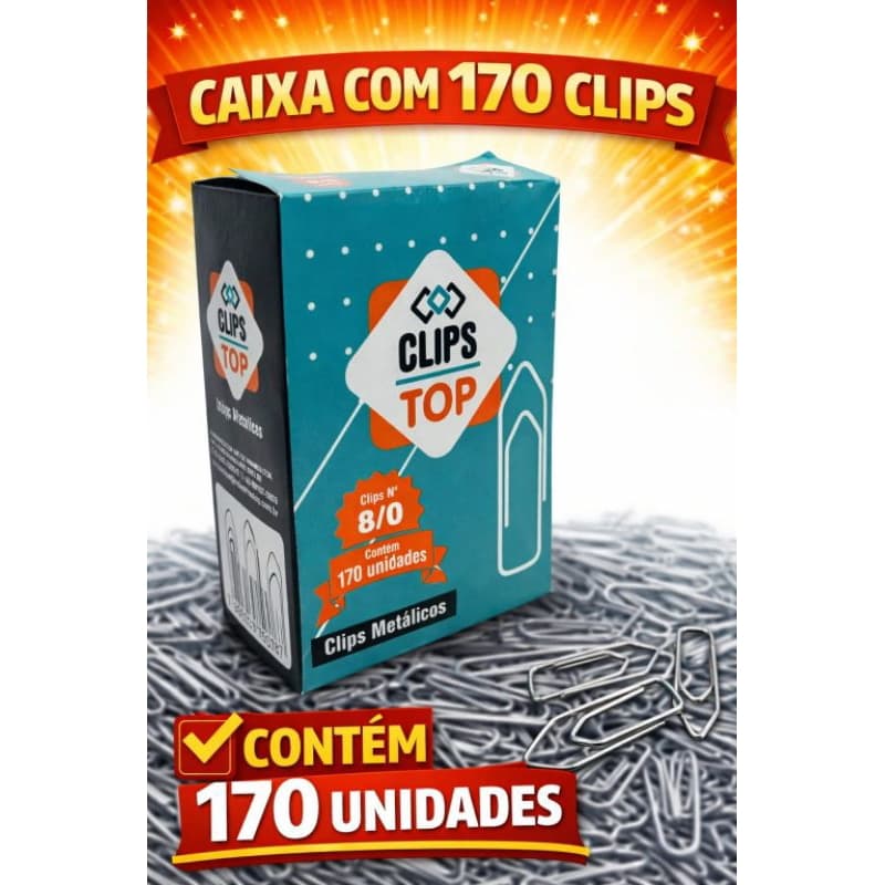 Clips Metálicos 8/0 Caixa Grande com 170 Unidades Clip para Papel Escritório Papelaria