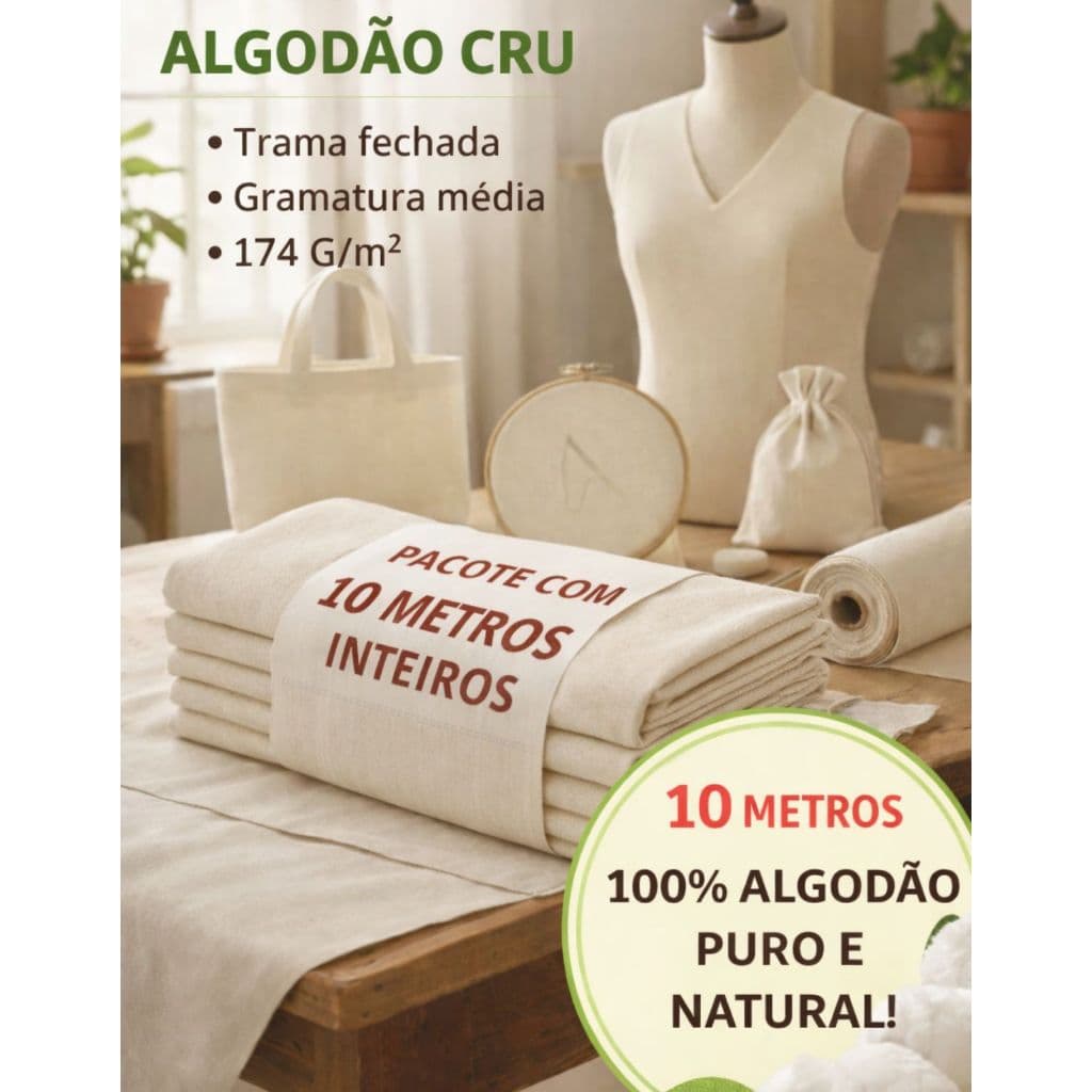 100% Algodão Cru 10 metros X 1,75 Trama Fechada Tecido Engomado Ecobag Painel Artesanato