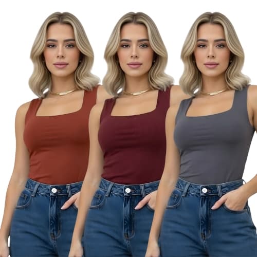 Kit 3 Blusa Regata Decote Quadrado Reto Suplex Lisa Blogueira