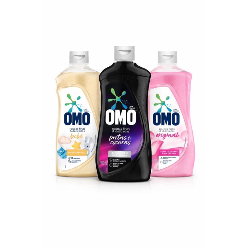 Kit Lava Roupas Líquido OMO 900ml – Original + Pretas e Escuras + Bebê | Roupas Finas e Delicadas