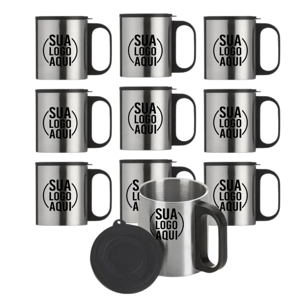 10 Canecas Inox 180ml Personalizada C/ Tampa Plástica Logo Marca Alça