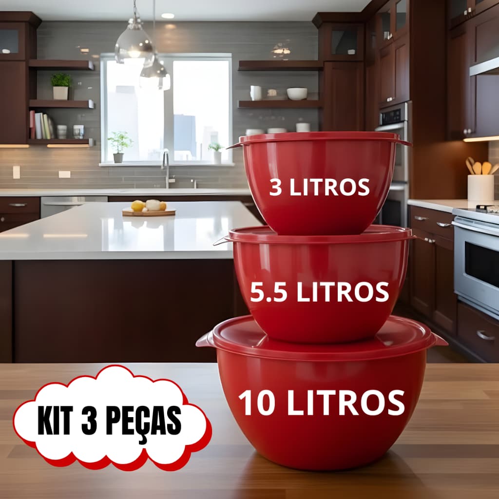 Kit 3 Potes Bowl Plástico tigela – Tapoer 3000 ml, 5500 ml e 10000 ml Prático, Empilhável e Durável