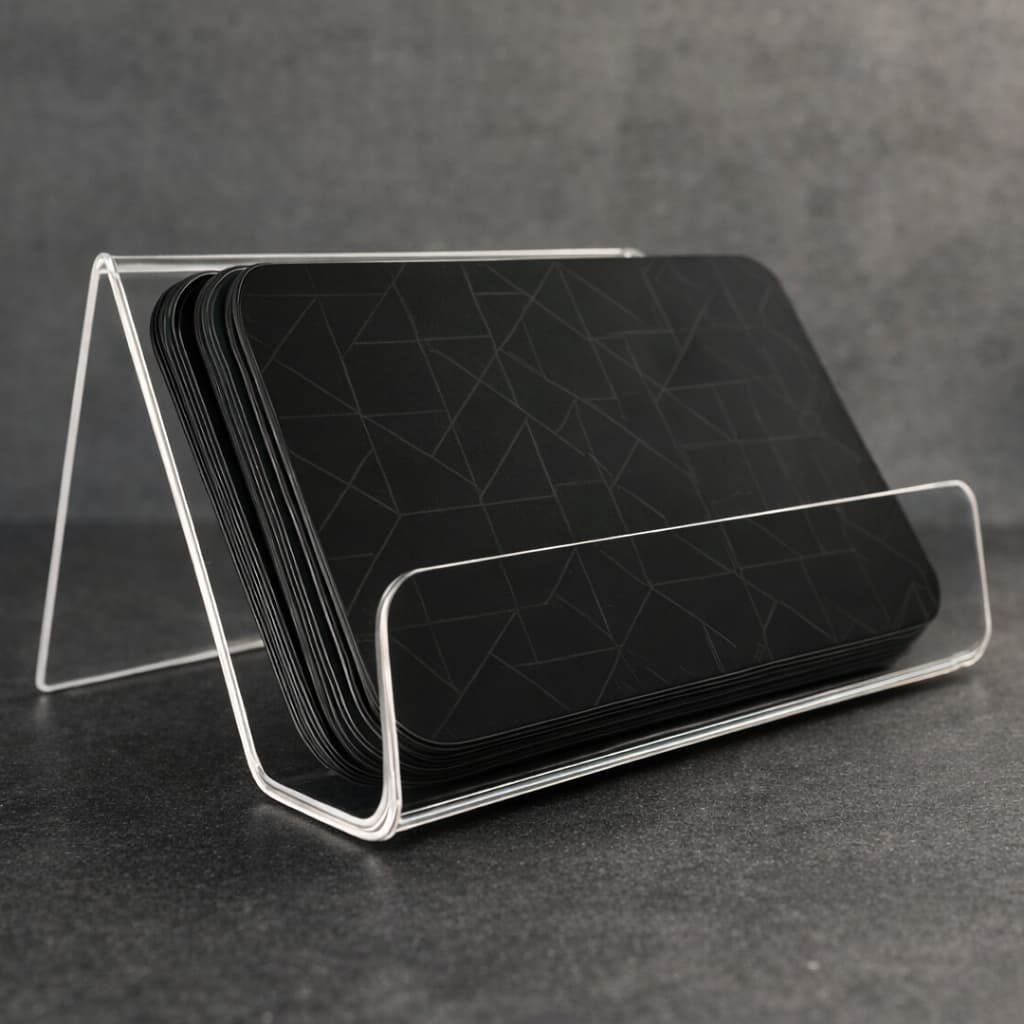 Porta Cartão de Visita em Acrílico Preto Transparente 6x10 cm Resistente Elegante Recepção Balcão