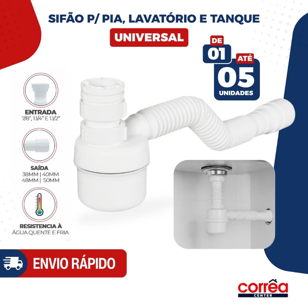 Sifão Copo Universal Sanfonado Branco – Para Pia, Lavatório e Tanque – 1, 2 ou 5 Unidades
