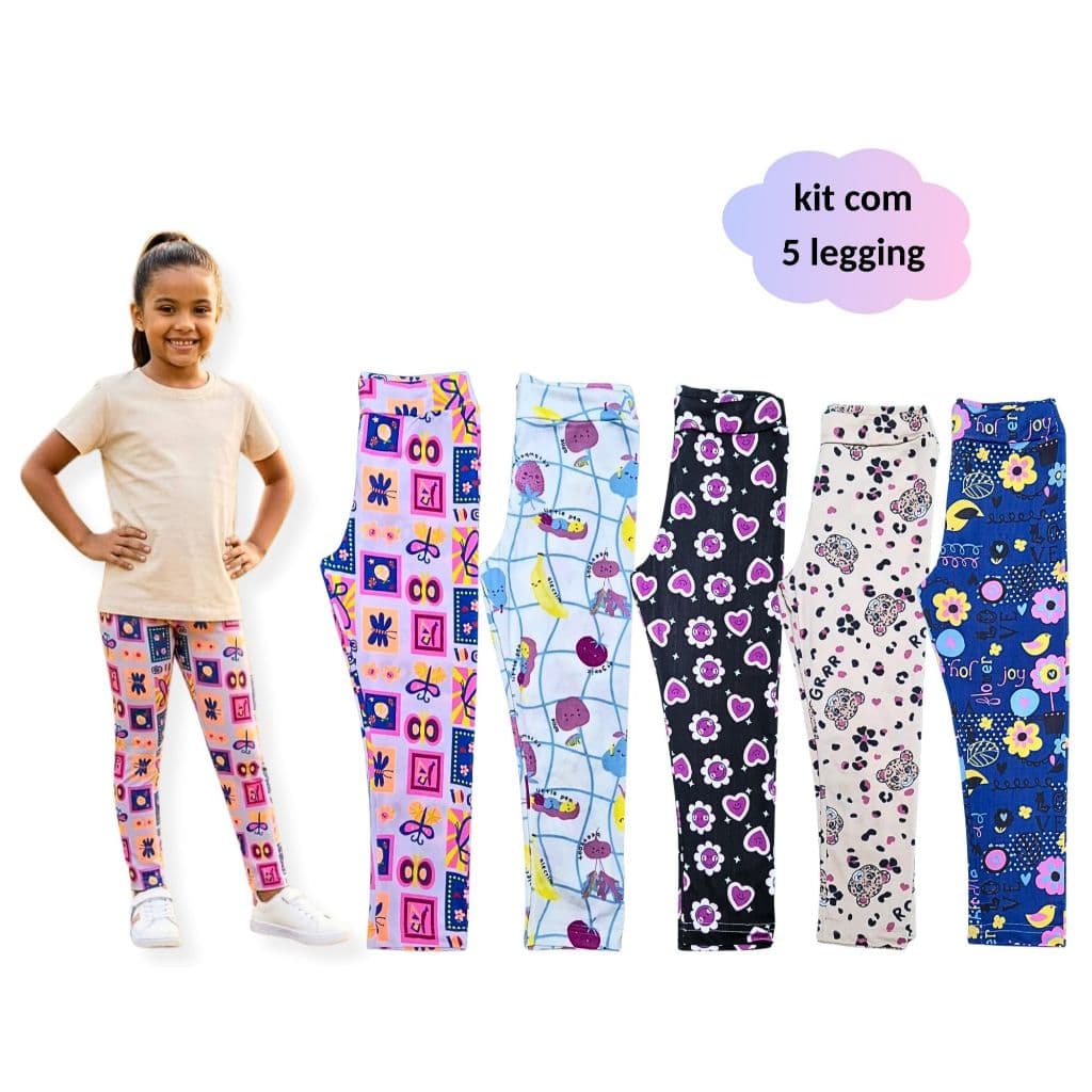 Kit com 5 Leggings suplex infantil e juvenil meia estação  1 ao 14