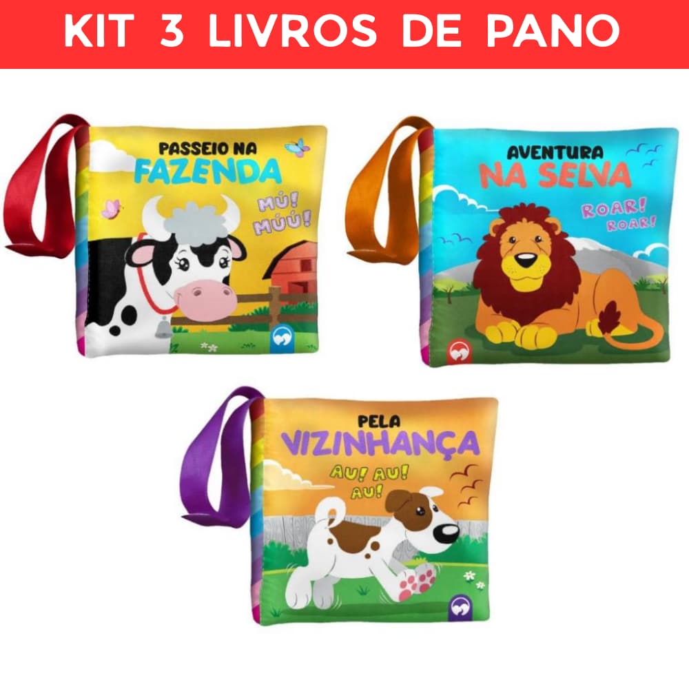 Kit 3 Livros infantis de Pano - Bebê Feliz - Aventura na Selva, Pela Vizinhança, Passeio na Fazenda