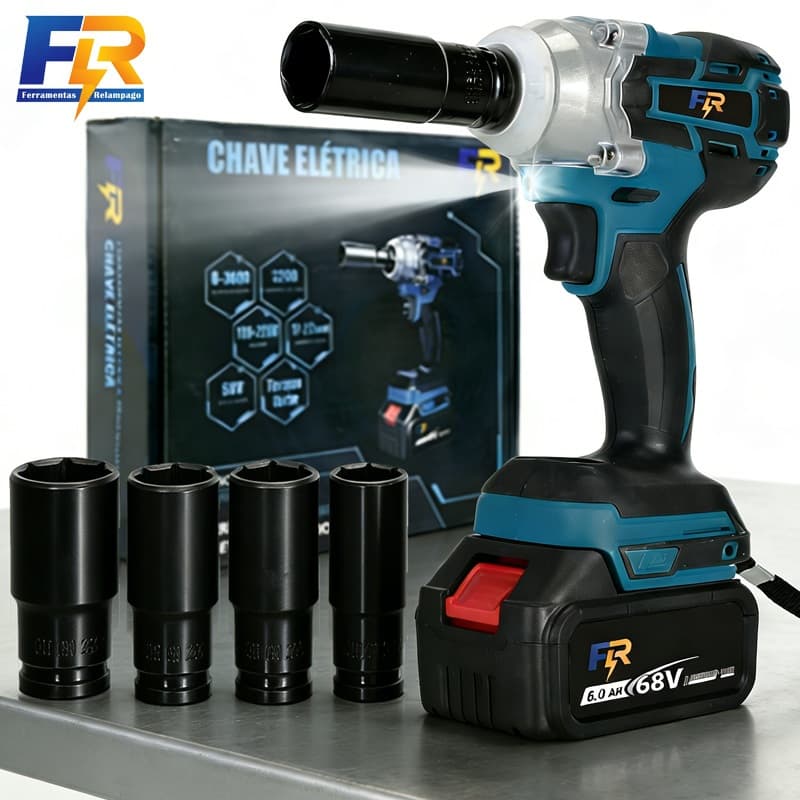 Chave de Impacto Elétrica Sem Fio 3 em 1 Com 68V Bateria Motor Brushless Kit Completo Acessórios