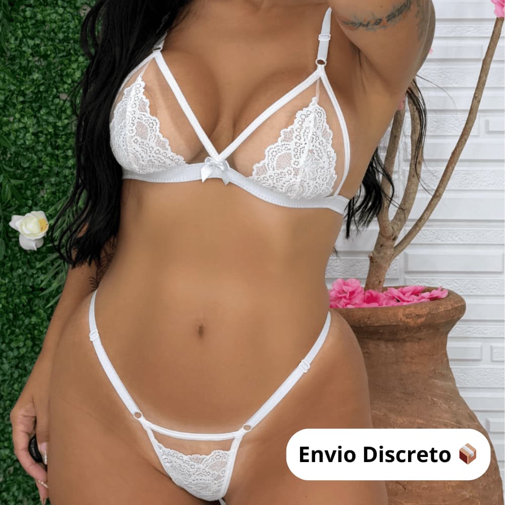 Conjunto Edilene Sensual Rendado Sem Bojo + Fio Dental | Tule Transparente | Envio Discreto