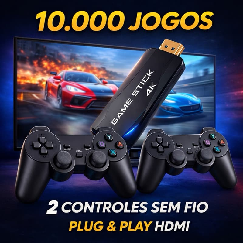Game Stick Versão Premium 4K +10.000 Jogos Retrô | 2 Controles Sem Fio | HDMI Plug & Play | PS1 Atari Nintendo