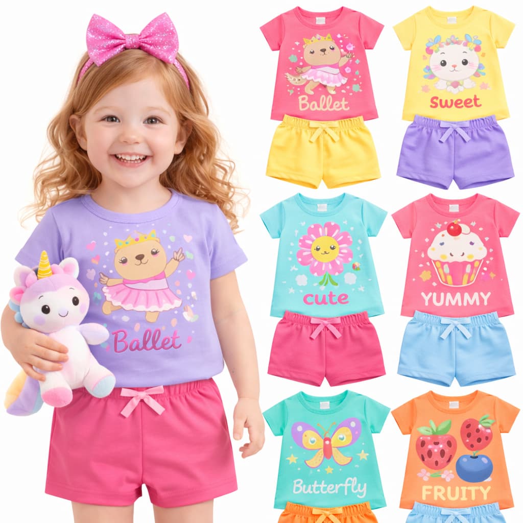 kit 2 ou 6 peças Roupa Infantil Menina Verão Conjunto Infantil Menina Roupa Feminina de Verão Sortidos Entrega Rápida