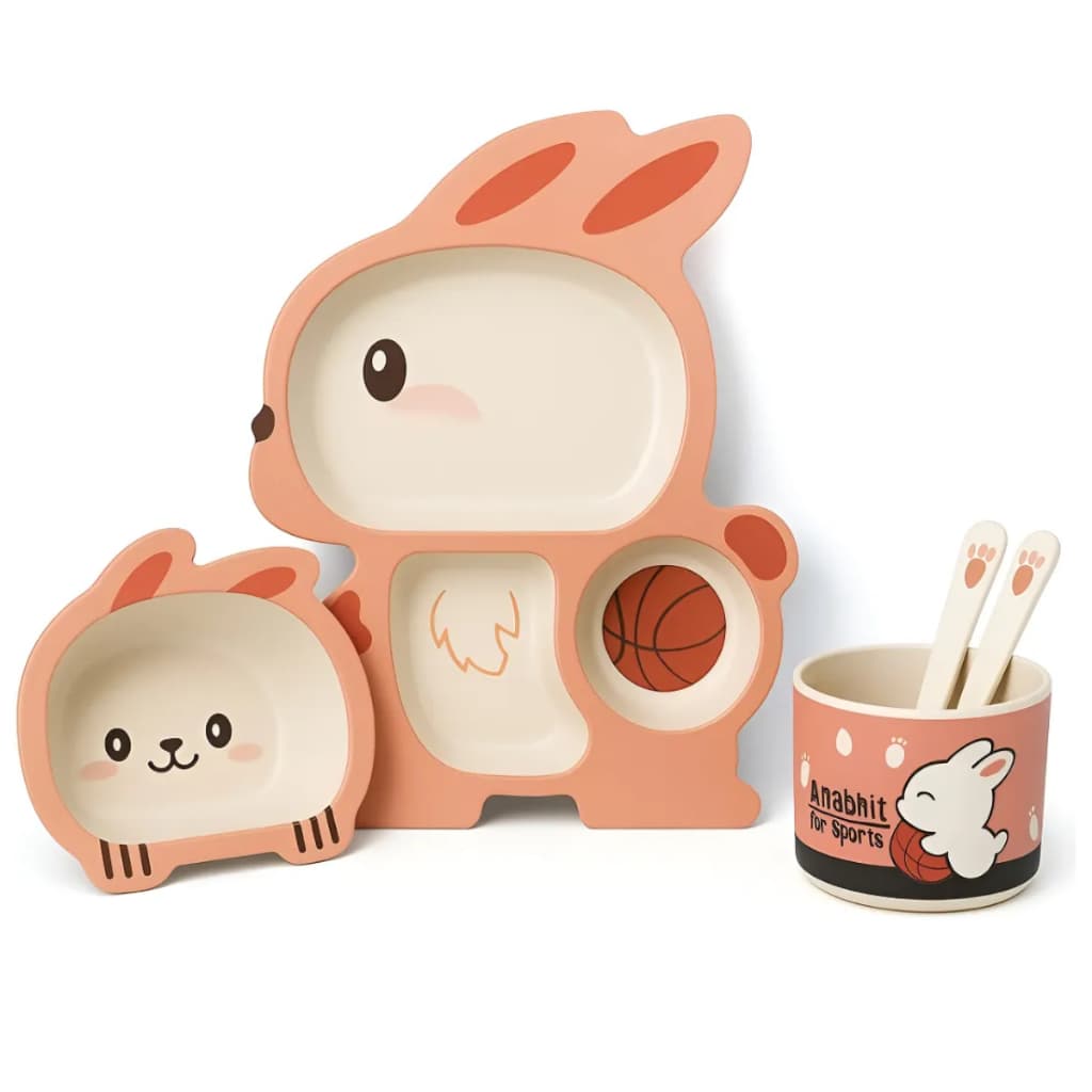 Kit Refeição Infantil Bebê Bambu 5 Peças Prato Copo Colher Rabbit Rosa