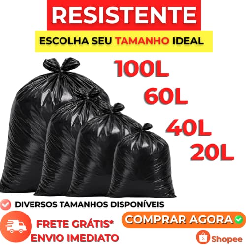 Saco de Lixo resistente pacote c/100/50 unidades | Disponível em100/60/40/20 litros | Direto da Fábrica | Preto