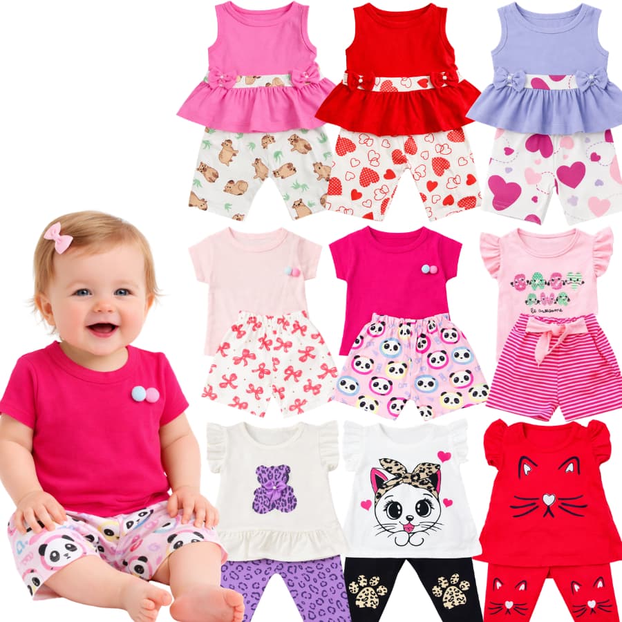 Kit Sortido 10 Peças Roupa de Bebê Menina -5 Camisetas e 5 Shorts- 5 Conjuntos Roupinhas Para Bebê Menina 0-6 M
