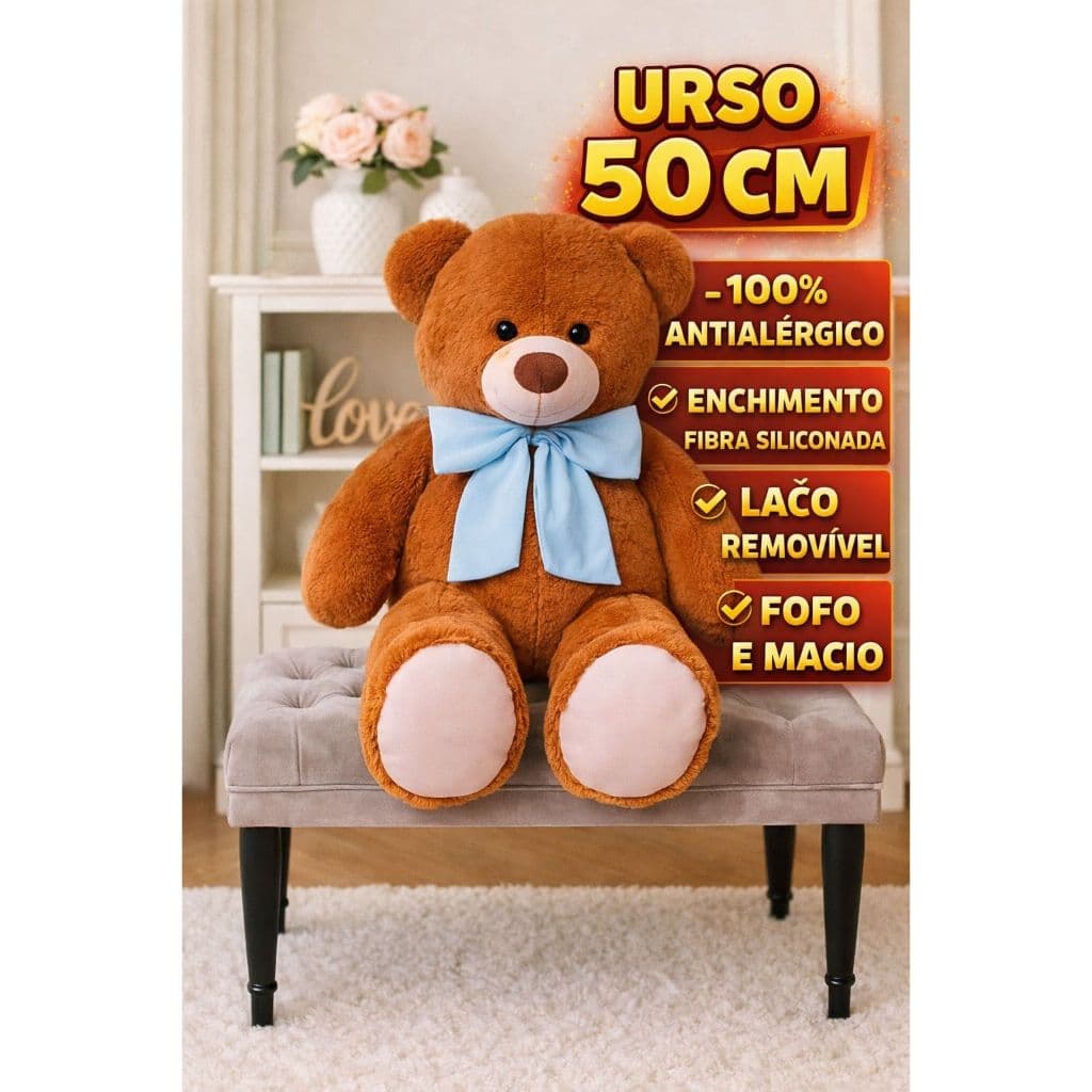 Urso De Pelúcia Teddy Bear Grande Com Laço 50 cm Antialérgico - Envio Imediato