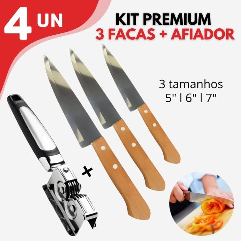 Kit 3 Facas Aço Inox 5 6 7 Polegadas + Afiador Manual Cozinha Corte Preciso
