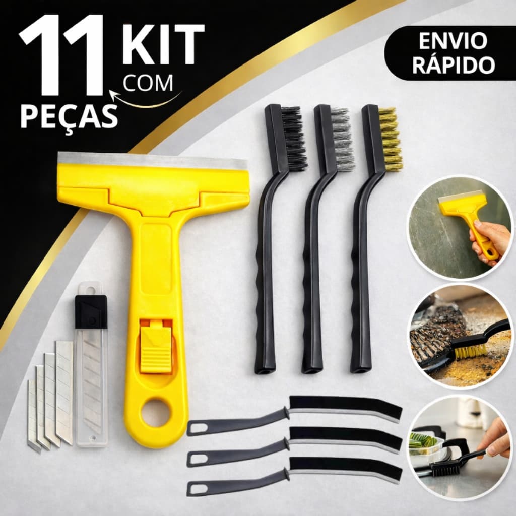 Kit 11 Peças Escova Aço Latão Nylon + Raspador Com 4 Lâminas Multiuso Pesado Limpeza Box Piso Vidro