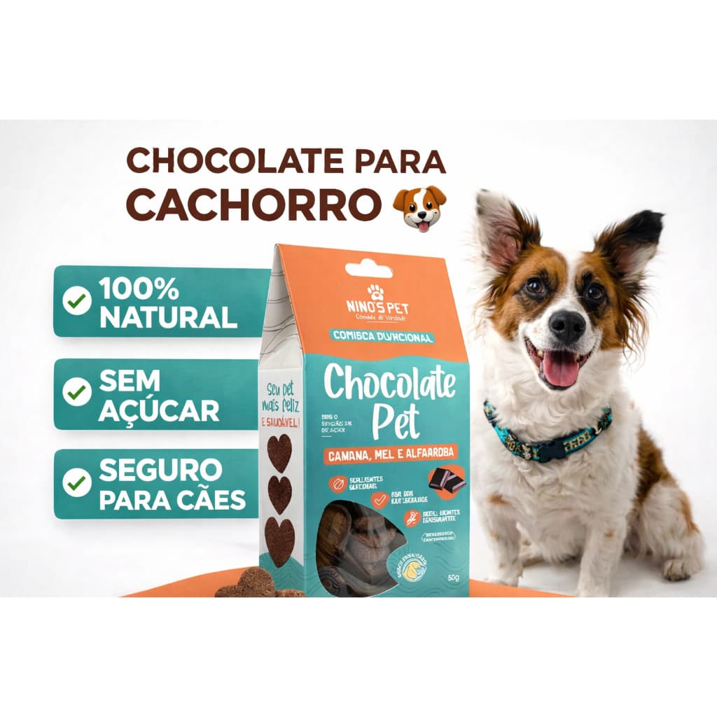 Petisco Chocolate para Cães 100% Natural Sem Açúcar Sem Glúten Ideal para Páscoa Nino’s Pet 50g