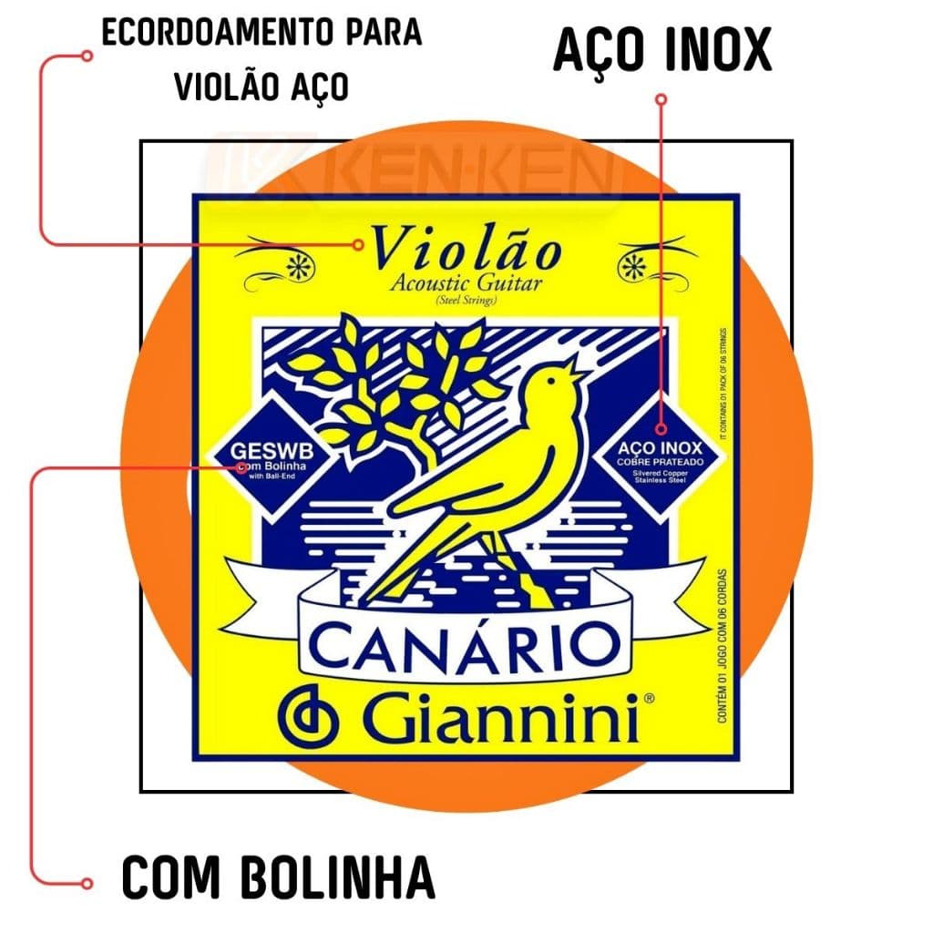 Encordoamento Corda Violão Aço Inox Jogo C/ 6 Giannini Canario - GESWB