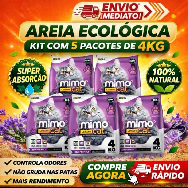 Kit 5 Pacotes Fardo de Areia Sanitária Antiodor Tira Cheiro MimoCat Gatos Aroma Lavanda 100% Natural